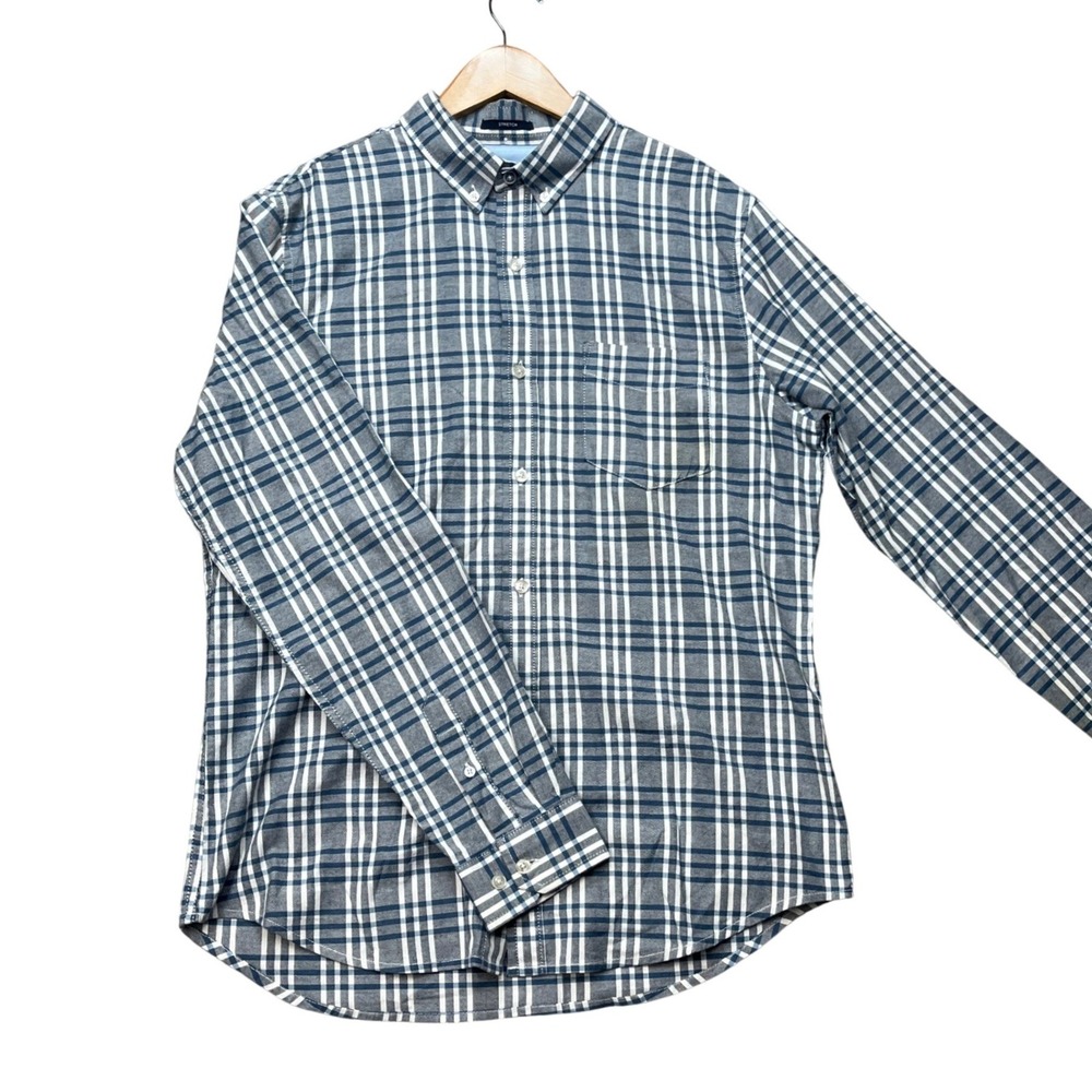 Ben Sherman Mens Medium Blue White Plaid Stretch Long Sleeve Button Down Shirt